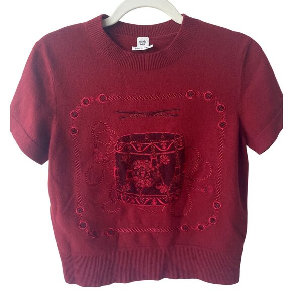 Hermès Paris Red Wool Short-Sleeve Embroidered Sweater - Picture 1 of 8
